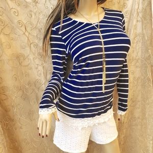 Navy Crochet Hem Long Sleeve Tee Blus Cross Back M
